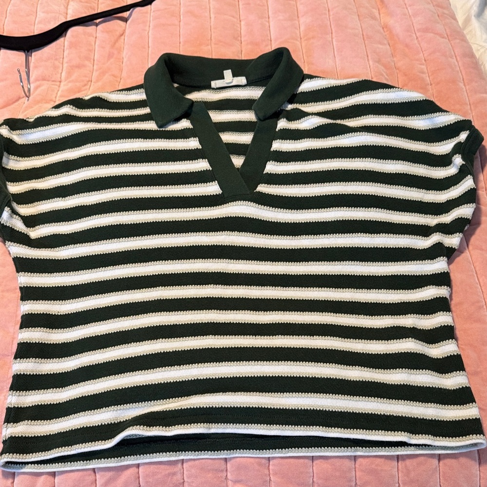 Madewell Green and White Striped Polo Shirt